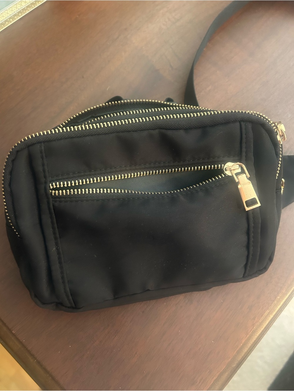 Black Crossbody Waist Bag with Gold Zippers